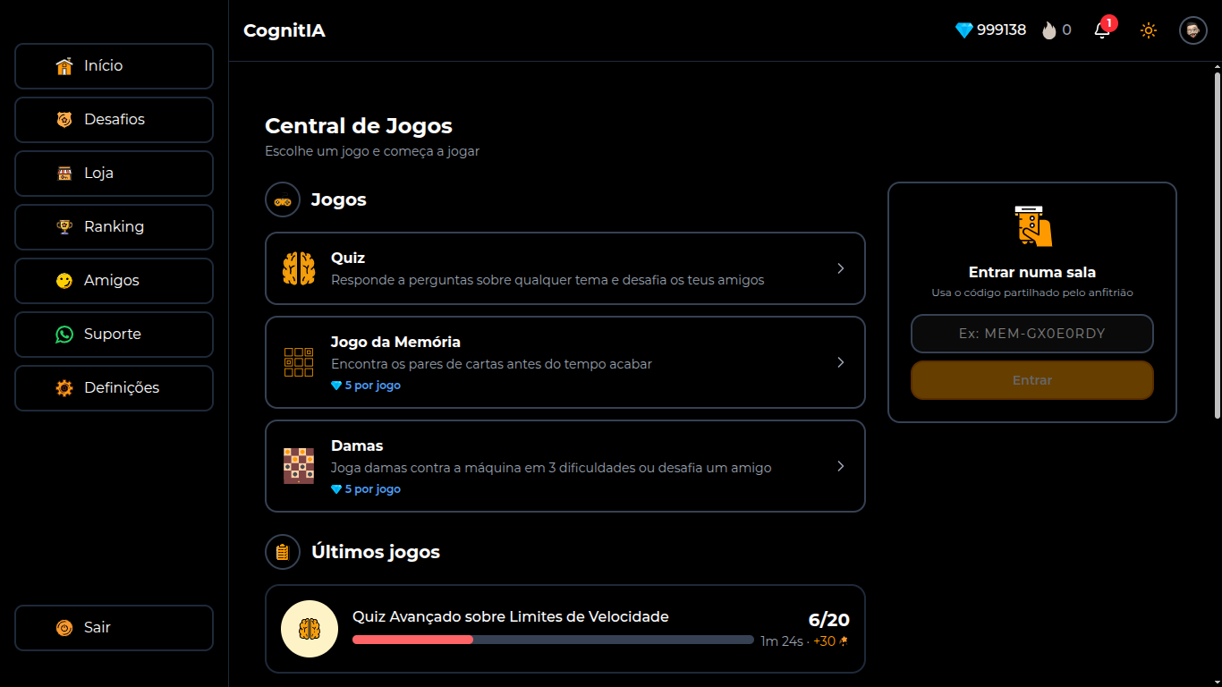 Central de jogos com Quiz, Damas e Memória