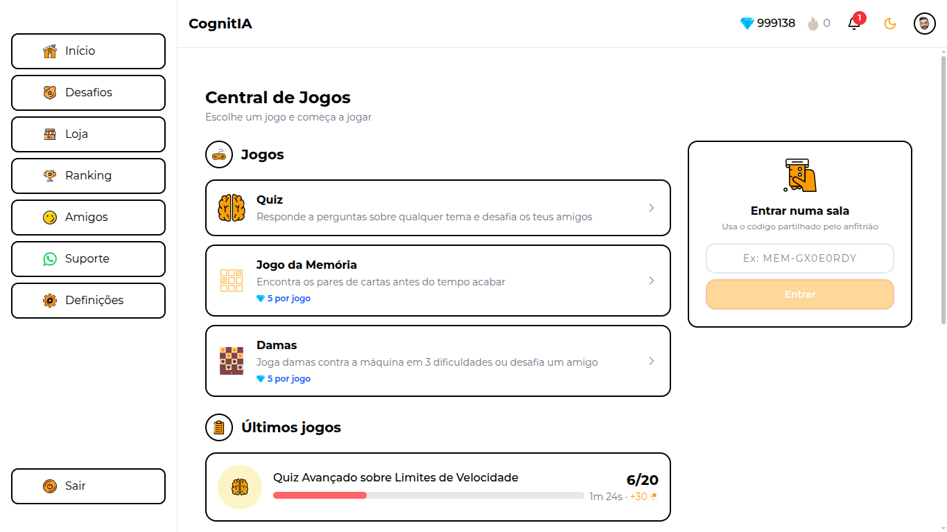 Central de jogos com Quiz, Damas e Memória