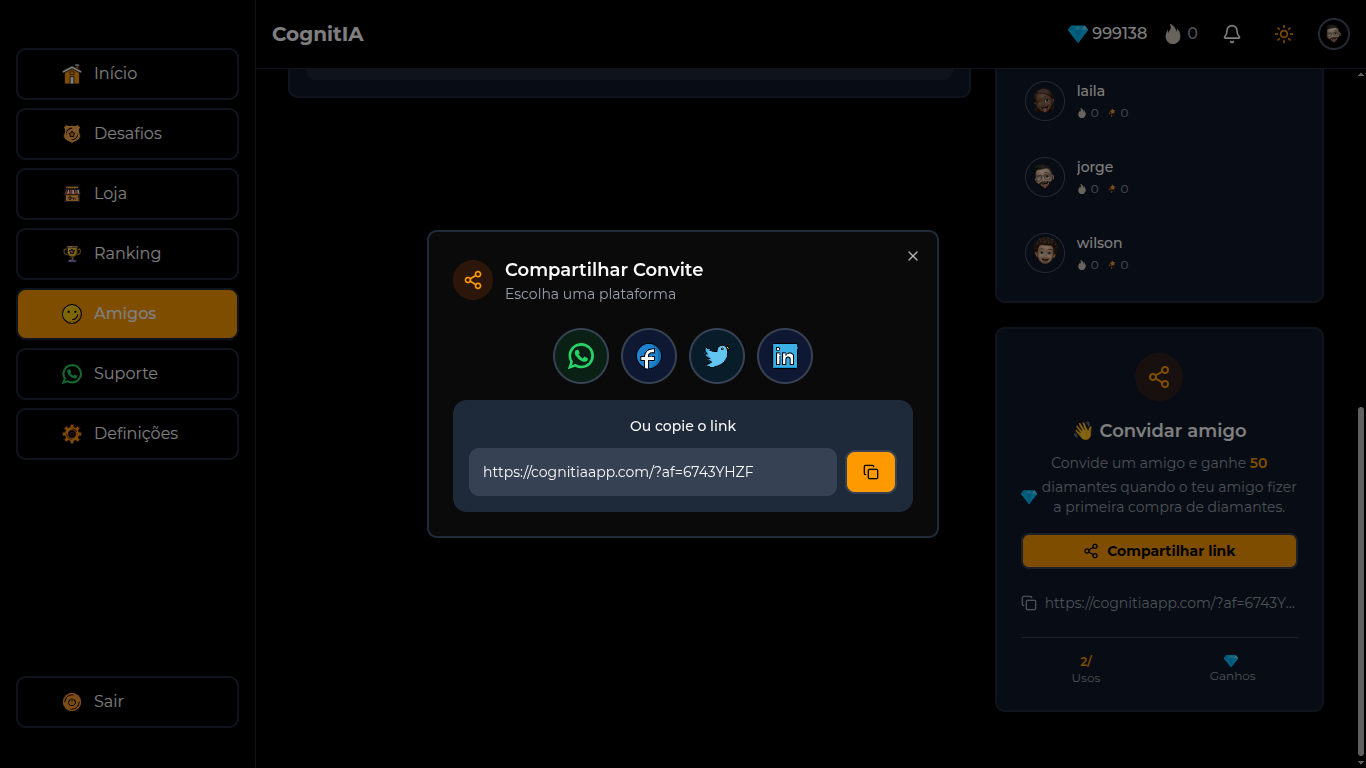 Convite de amigos para a plataforma