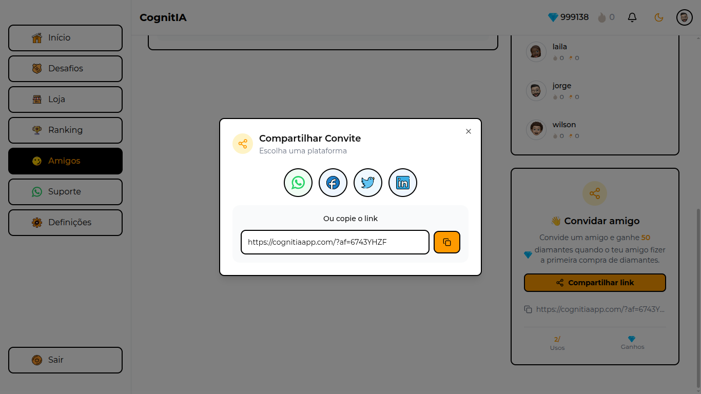 Convite de amigos para a plataforma