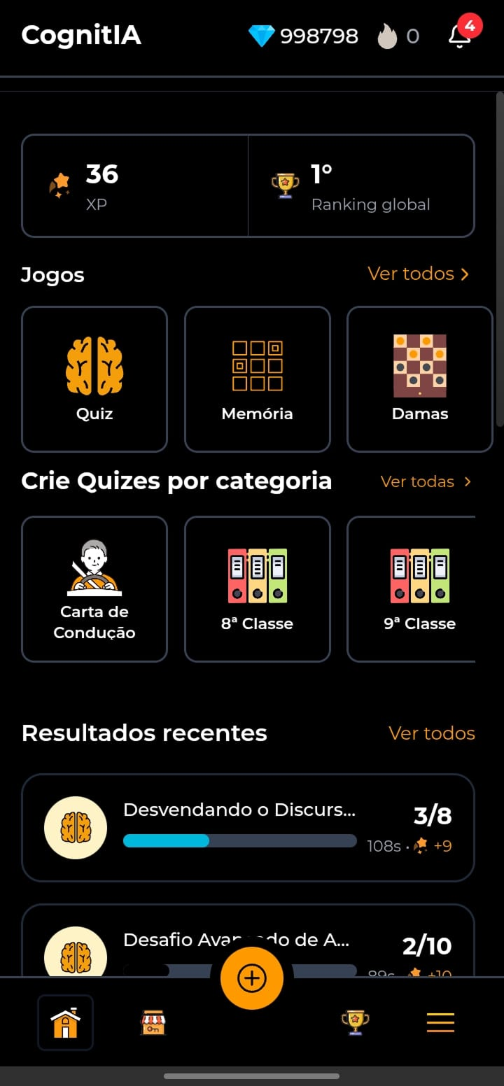 Central de jogos com Quiz, Damas e Memória