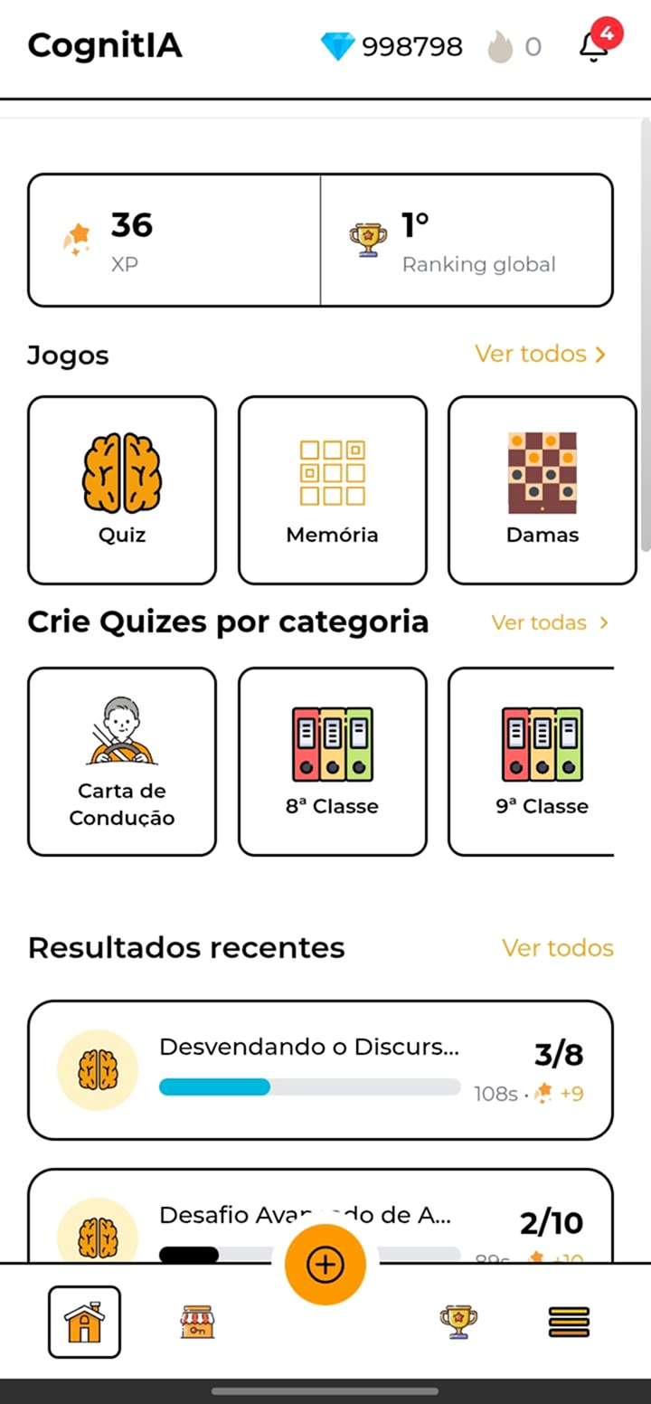Central de jogos com Quiz, Damas e Memória