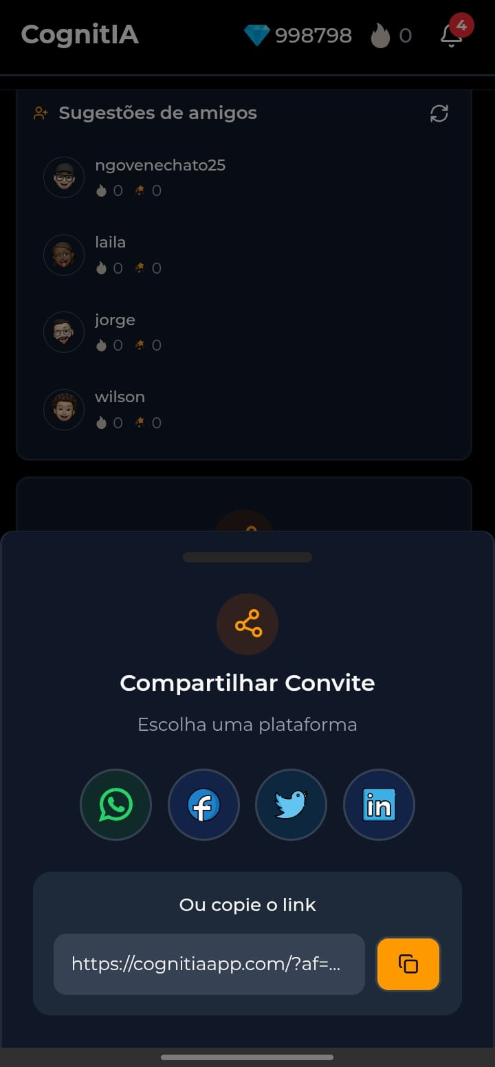 Convite de amigos para a plataforma