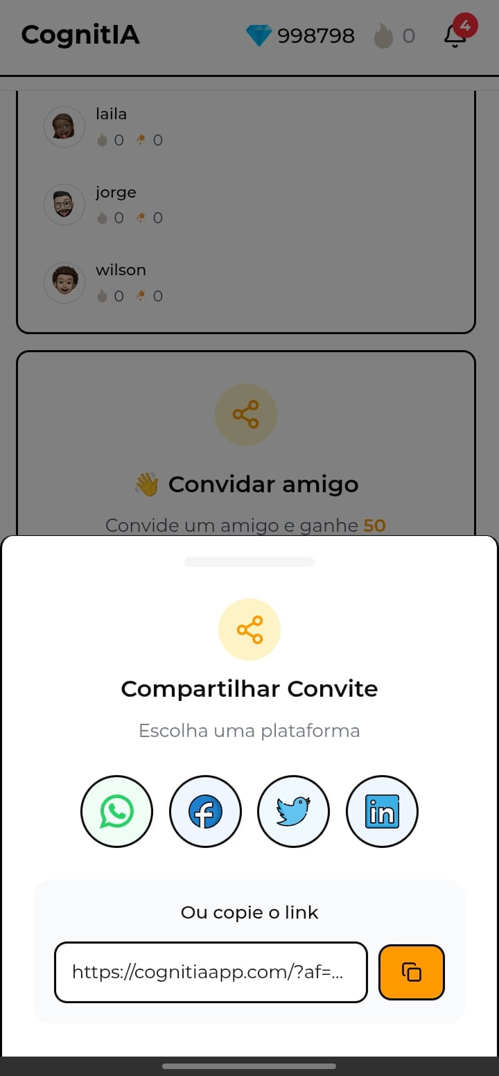 Convite de amigos para a plataforma