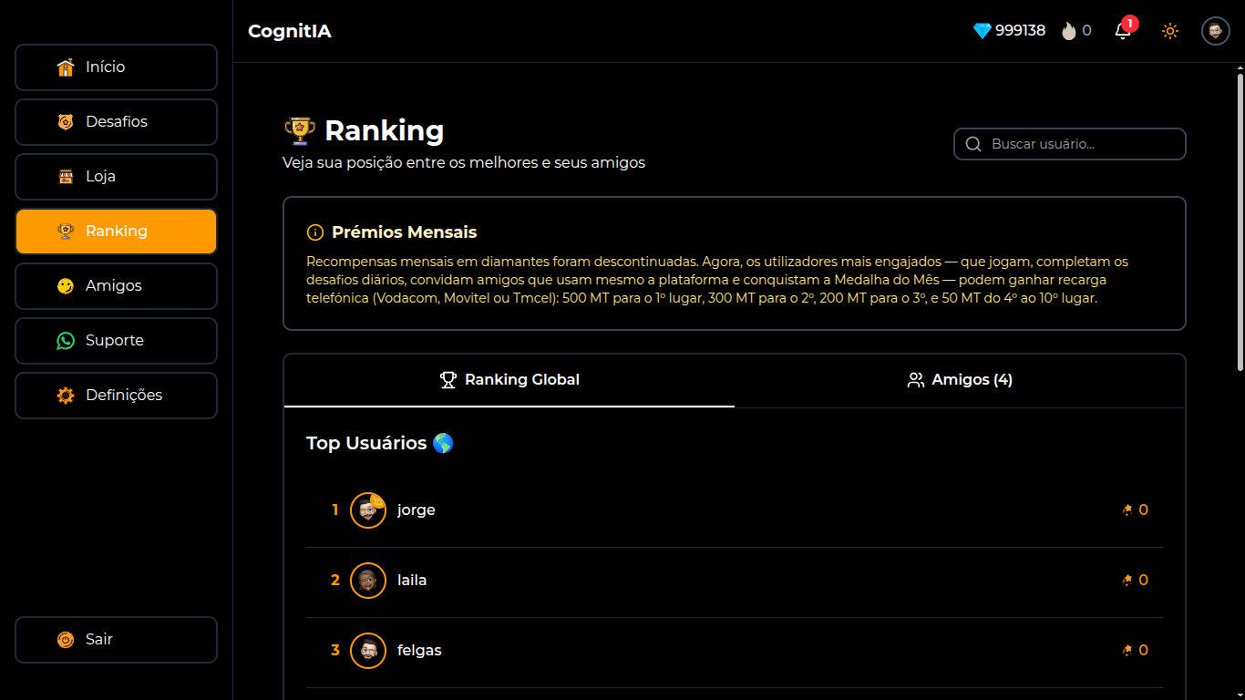 Página de ranking global e de amigos