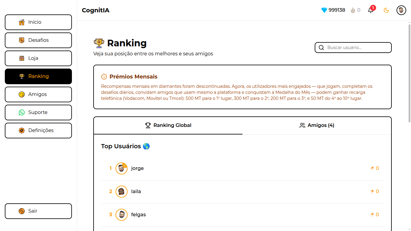 Página de ranking global e de amigos